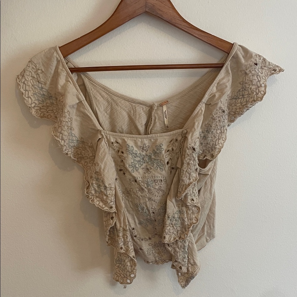 Free People Embroidered Beige Ruffle Top
